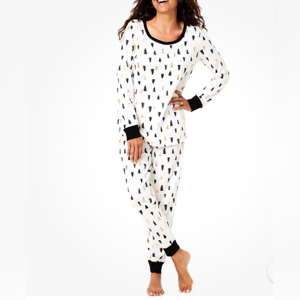 Women's Christmas Pajama Tree-Print  Size M White Navy & Gold